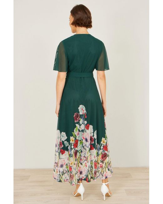 Yumi' Green Mesh Wrap Midi Dress With Floral Hem Border