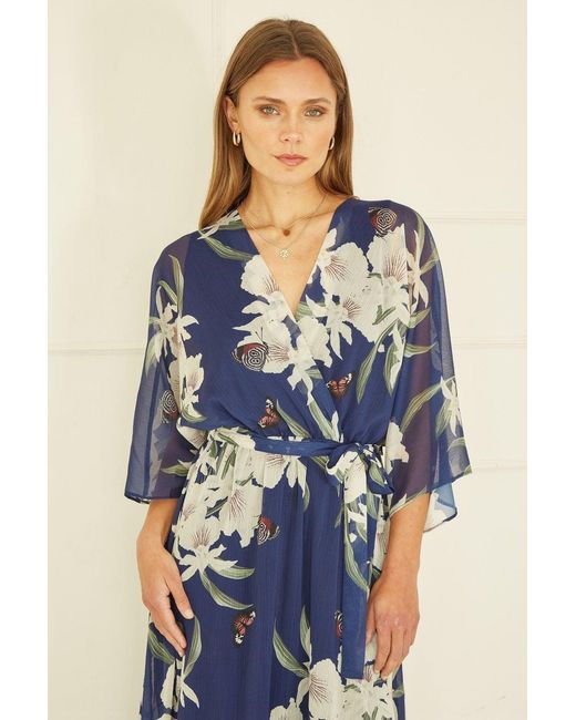 Yumi' Blue Floral Kimono Sleeves Dip Hem Wrap Midi Dress