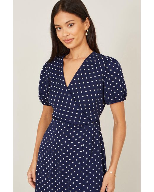 Yumi' Blue Spot Wrap Midi Tea Dress
