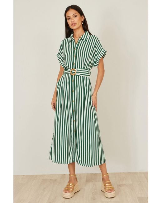 Yumi' Green Stripe Print Relaxed Midi Shirt Dress With Belt
