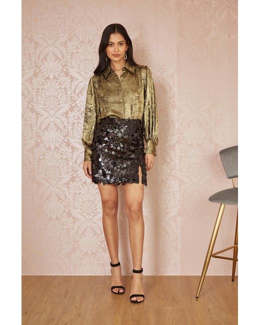 Yumi' Brown Metallic Relaxed Balloon Sleeve Shirt