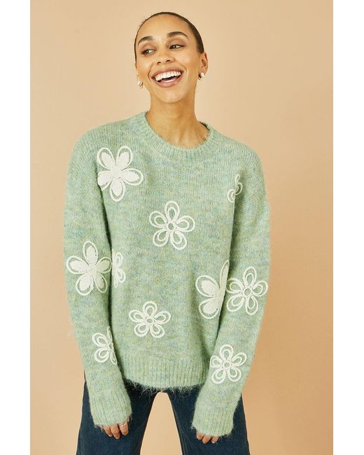 Yumi' Green Relaxed Knitted Jumper With Crochet Flowers