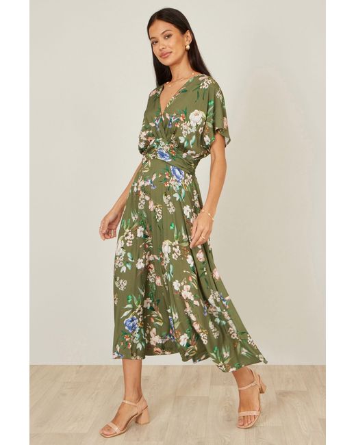 Yumi' Green Viscose Floral Print Midi Dress With Ruched Waist