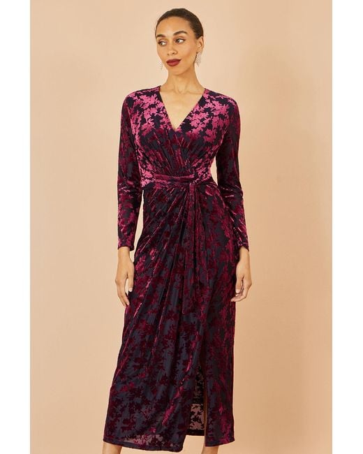 Yumi' Blue Velour Stretch Midi Dress With Long Sleeves