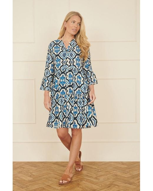 Yumi' Blue Viscose Ikat Print 3/4 Sleeve Tunic Dress