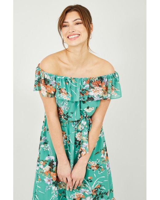 Yumi' Green Floral Bardot Dress