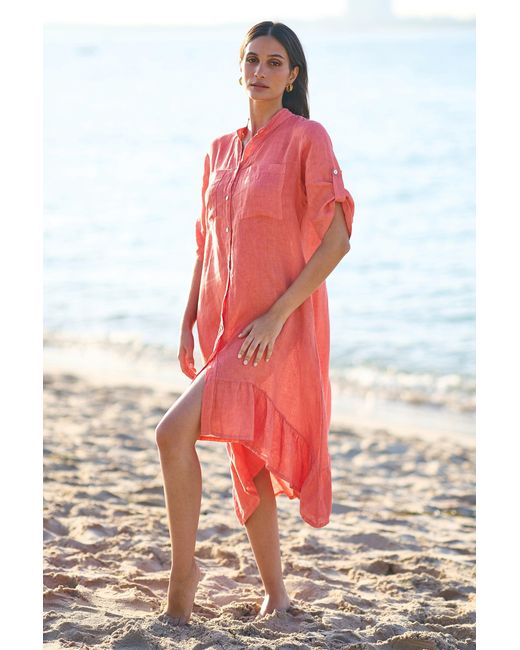 Yumi' Red Italian Linen Shirt Dress With Frill Hem