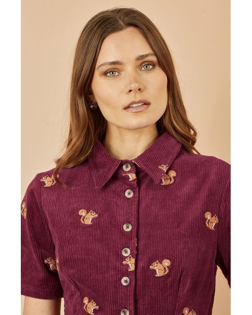 Yumi' Red Cord Shirt Dress With All Over Squirrel Embroidery