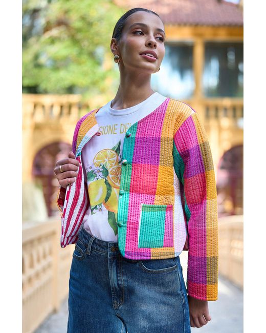 Yumi' Multicolor Multicolour Checked Cropped Reversible Cotton Quilted Jacket