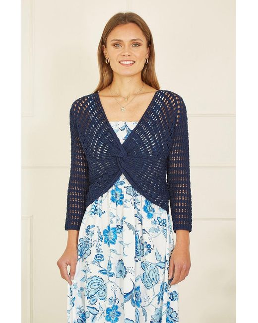 Yumi' Blue Cotton Crochet Twisted Bolero Top