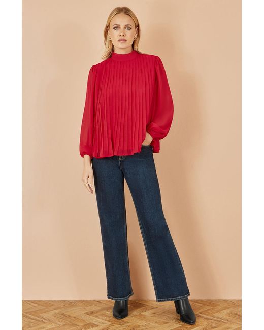 Yumi' Red Pleated Long Sleeve Top With High Neck