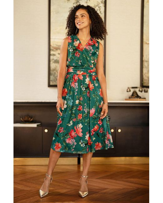 Yumi' Green Blurred Floral Print Mesh Stretch Midi Dress With Pockets