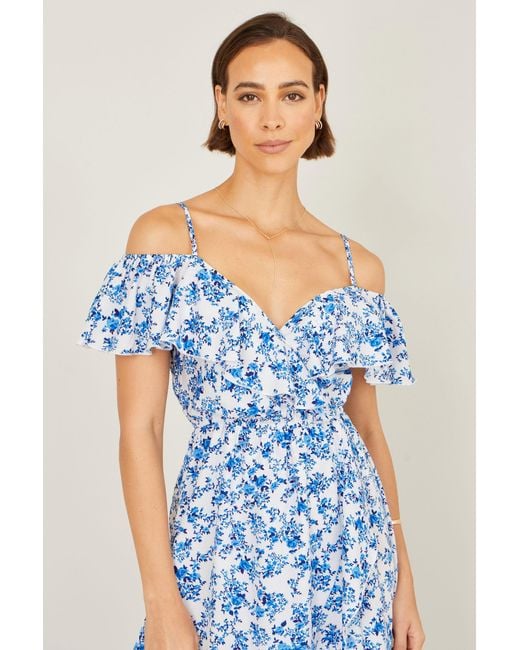 Yumi' Blue Floral Print Bardot Midi Dress With Dip Hem