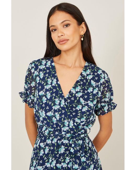 Yumi' Blue Floral Skater Wrap Dress