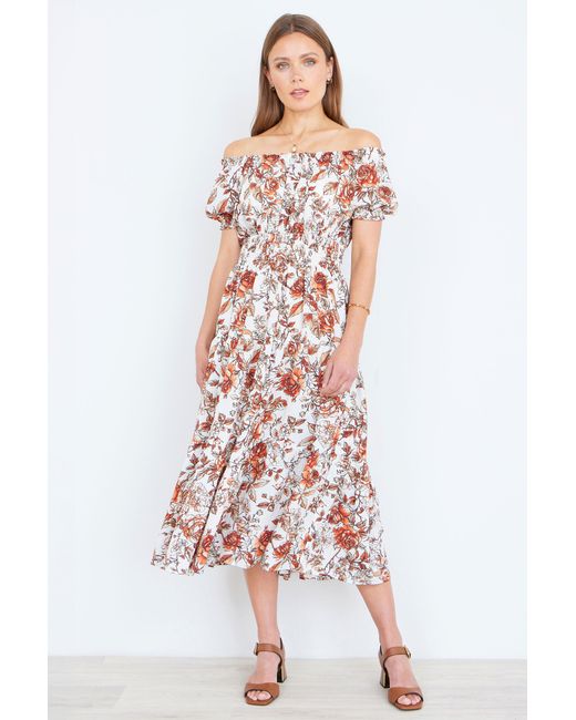 Yumi' White Floral Ruched Waist Midi Dress