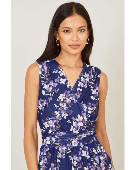 Yumi' Blue Blossom Print Mesh Stretch Midi Dress With Pockets