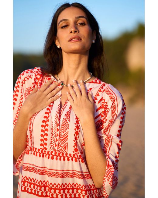 Yumi' Red Geo Stripe Print Beach Tunic