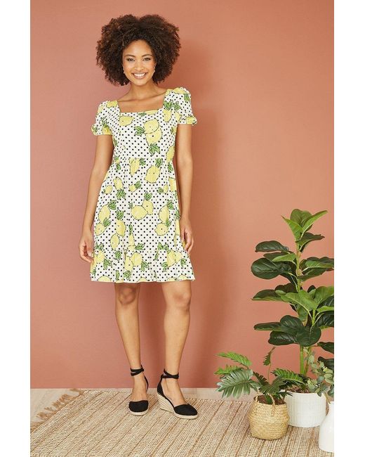 Mela White Viscose Lemon Print Skater Dress With Balloon Sleeves
