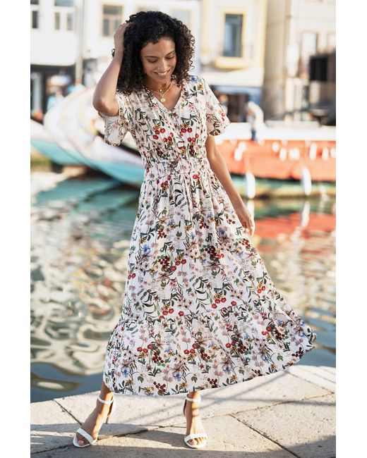 Yumi' White Botanical Print Viscose Midi Dress