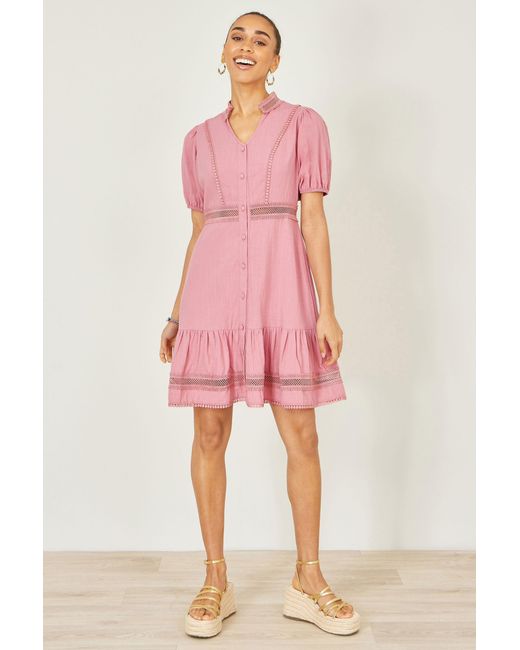 Yumi' Pink Cotton Lace Trim Skater Shirt Dress