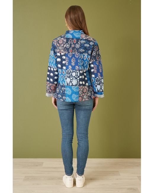 Yumi' Green Indian Patchwork Print Reversible Cotton Quilted Jacket