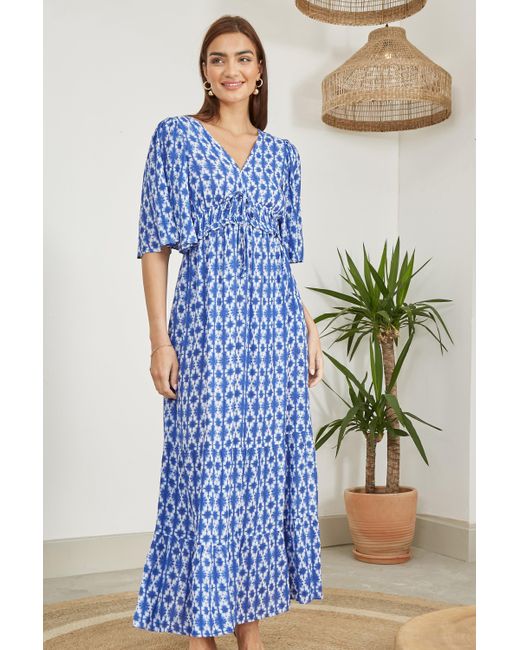 Yumi' Blue Aztec Print Maxi Dress With Cross Over Back