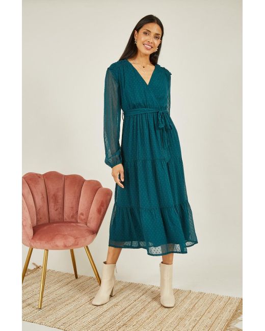 Yumi' Green Recycled Dobby Spot Long Sleeve Midi Wrap Dress