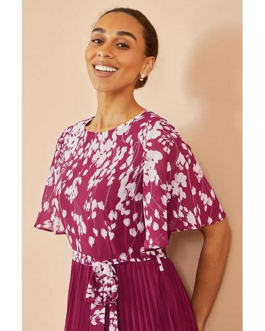 Yumi' Purple Mirror Floral Design Pleated Midi Dress