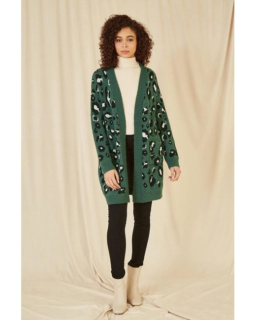 Yumi' Green Animal Intarsia Long Cardigan