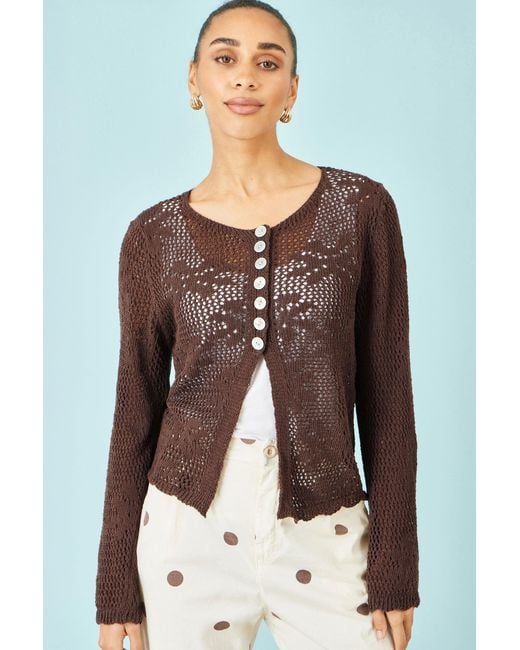 Yumi' Brown Flower Crochet Button Up Cardigan