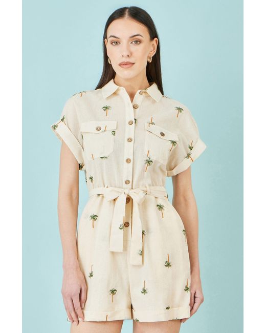 Yumi' Natural Embroidered Palm Print Cotton Playsuit