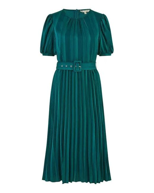 Yumi' Blue Satin Striped Midi Dress With Pleats And Matching Belt