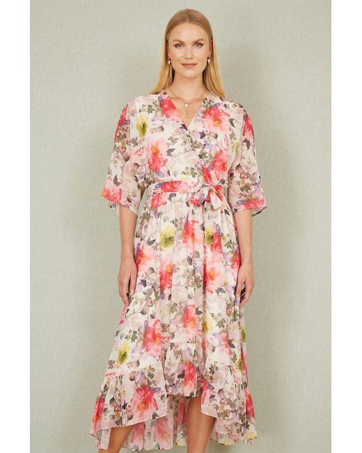 Yumi' Pink Vintage Floral Wrap Midi Dress With Frill