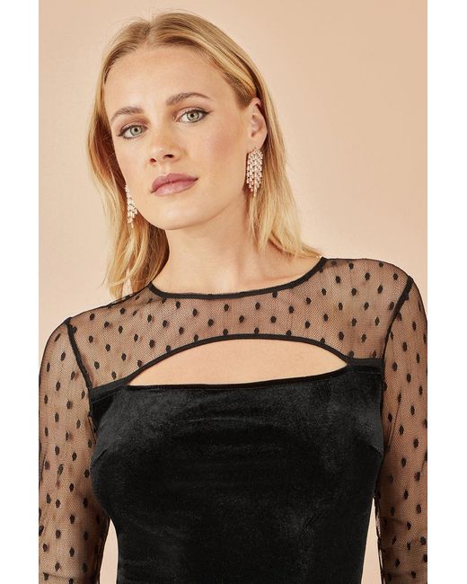 Yumi' Natural Velvet Midi Dress With Slash Neckline And Sheer Sleeves