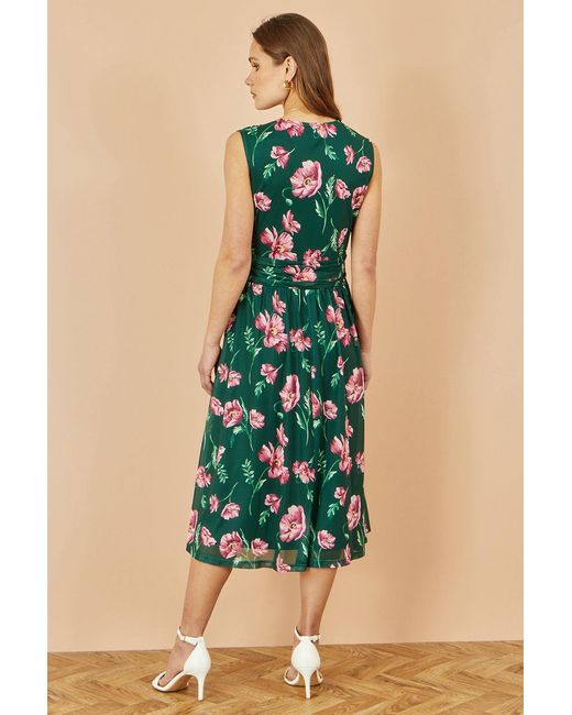 Yumi' Blue Floral Print Mesh Stretch Midi Dress With Pockets