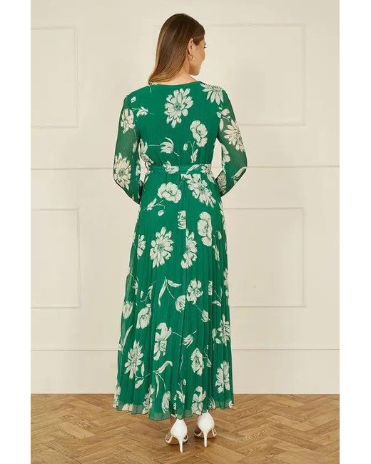 Yumi' Green Floral Pleated Midi Wrap Long Sleeve Dress
