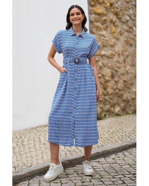 Yumi' Blue Viscose Midi Shirt Dress With Matching Belt