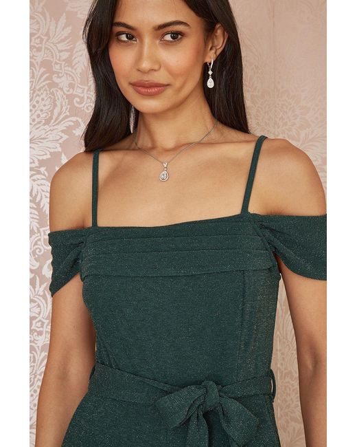 Yumi' Green Sparkle Stretch Bardot Jumpsuit