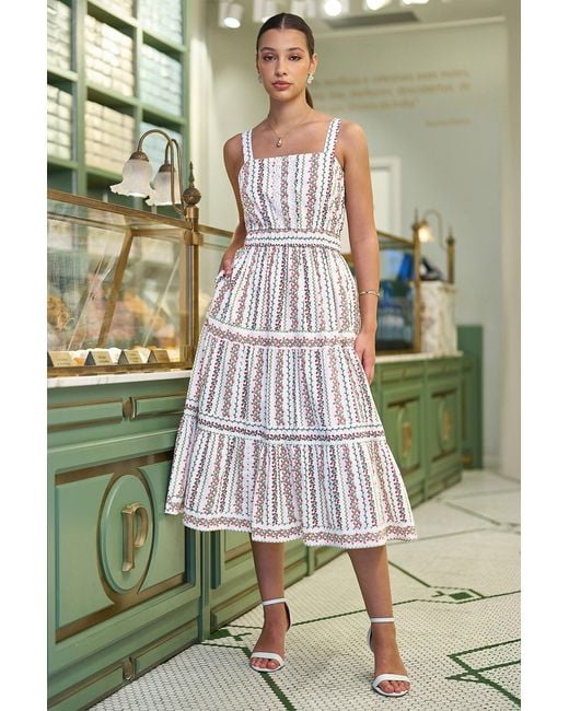 Yumi' White Botanical Stripe Midi Dress With Lace Trims