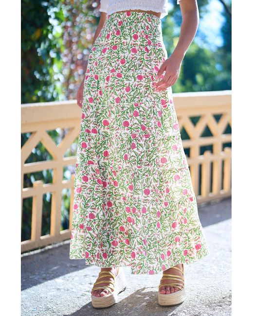 Yumi' White Boho Print Cotton Floral Maxi Skirt