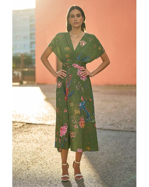 Yumi' Green Bird And Floral Print Ruched Waist Kimono Midi Dress