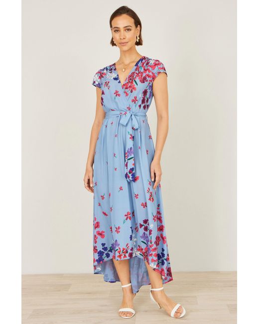 Yumi' Blue Floral Mirror Wrap High Low Midi Wrap Dress