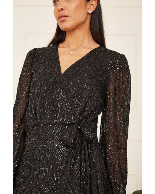 Mela Black Sequin Long Sleeve Frill Wrap Dress