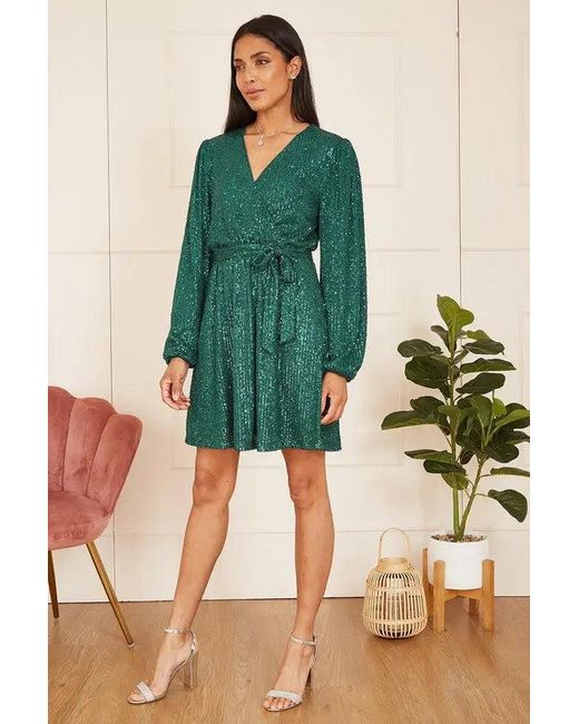 Mela Green Sequin Belted Wrap Long Sleeve Dress