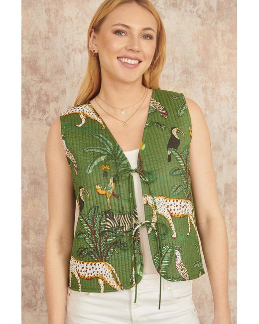 Yumi' Green Animal Reversible Cotton Quilted Waistcoat