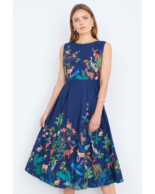 Yumi' Blue Woodland Animal Print Cotton Midi Skater Dress