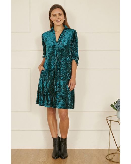 Yumi' Blue Velvet Tunic Dress With 3/4 Sleeves