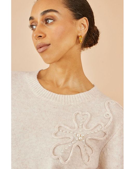 Yumi' Natural Knitted Jumper With Floral Applique