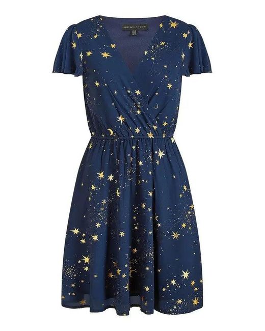 Yumi' Blue Mela Foil Star Print Wrap Skater Dress