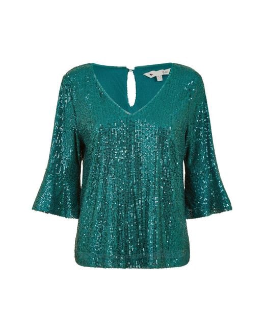 Yumi' Green Sequin Fluted Sleeve Party Top